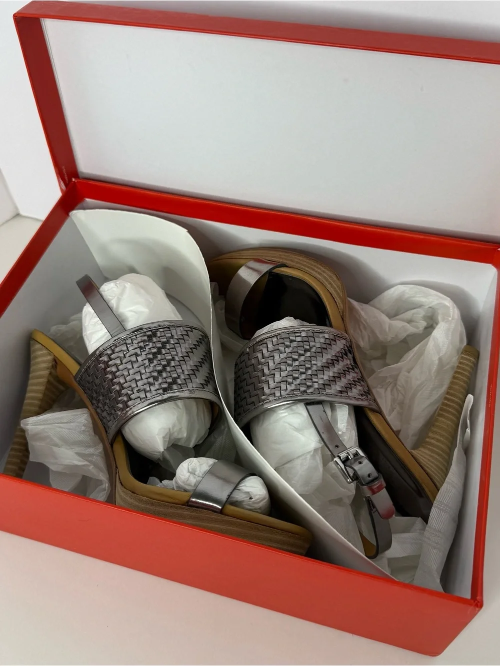 Coach Metallic Gray Woven Leather High Heel Sandals